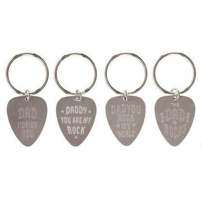 Set of metal keyrings with four plectrum-shaped charms engraved with Dad text
