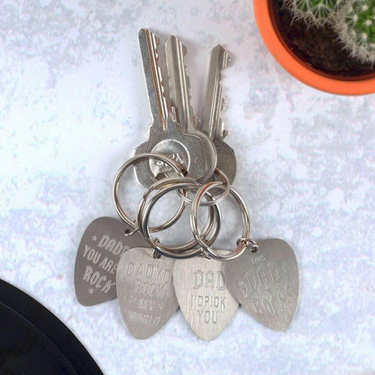 Metal keyring with multiple plectrum-shaped charms engraved with dad messages