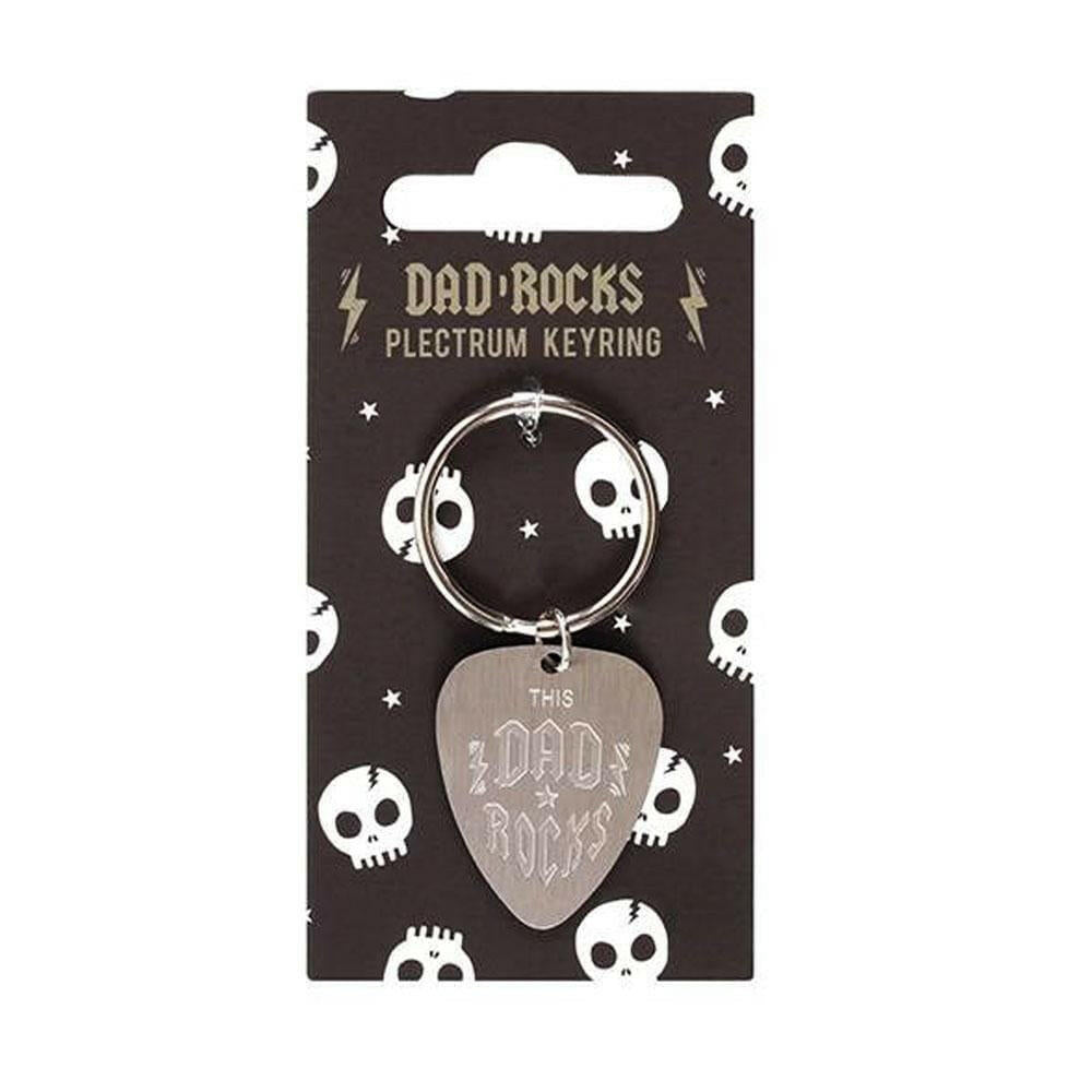 Plectrum keyring with metal ring and heart charm reading "This Dad Rocks"
