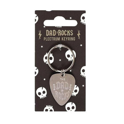 Plectrum keyring with metal ring and heart charm reading "This Dad Rocks"