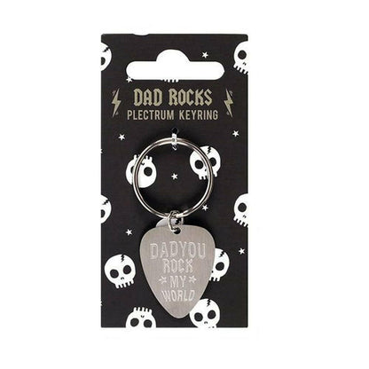 Plectrum keyring with metal ring and heart charm reading "Daddy You Rock My World"