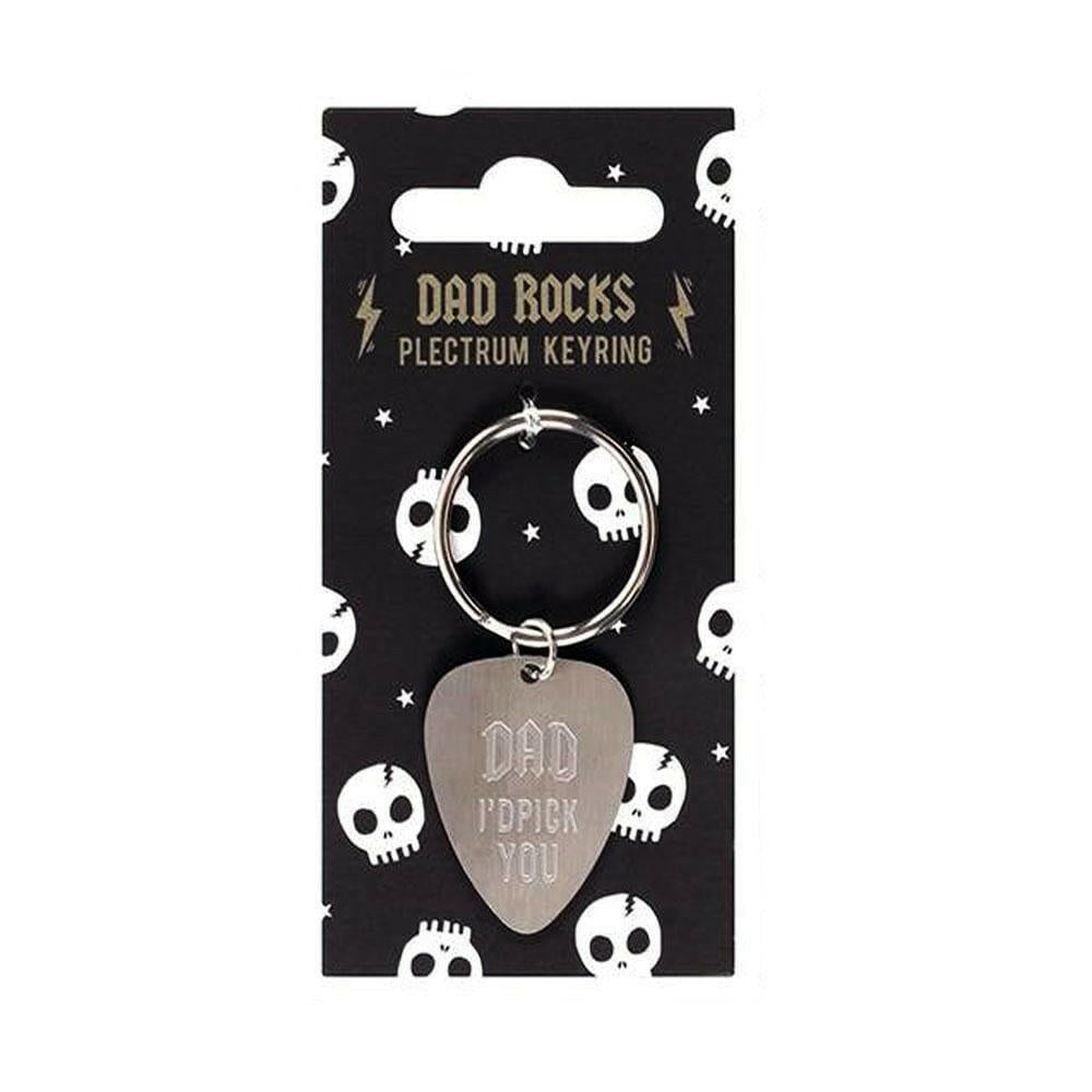 Plectrum keyring with metal ring and heart charm reading "Dad" "You Rock"