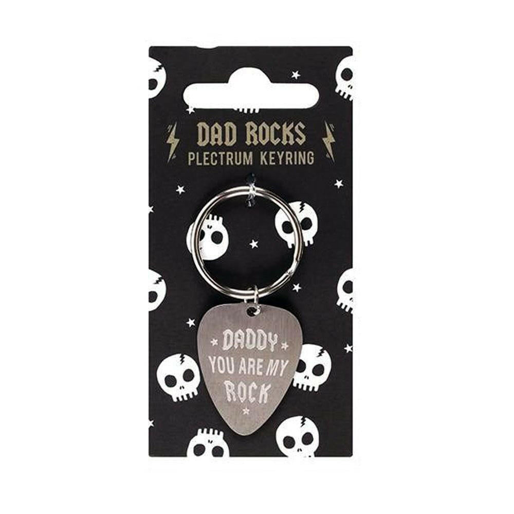 Plectrum keyring with metal ring and heart charm reading "Daddy You Are My Rock"