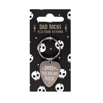 Plectrum keyring with metal ring and heart charm reading "Daddy You Are My Rock"