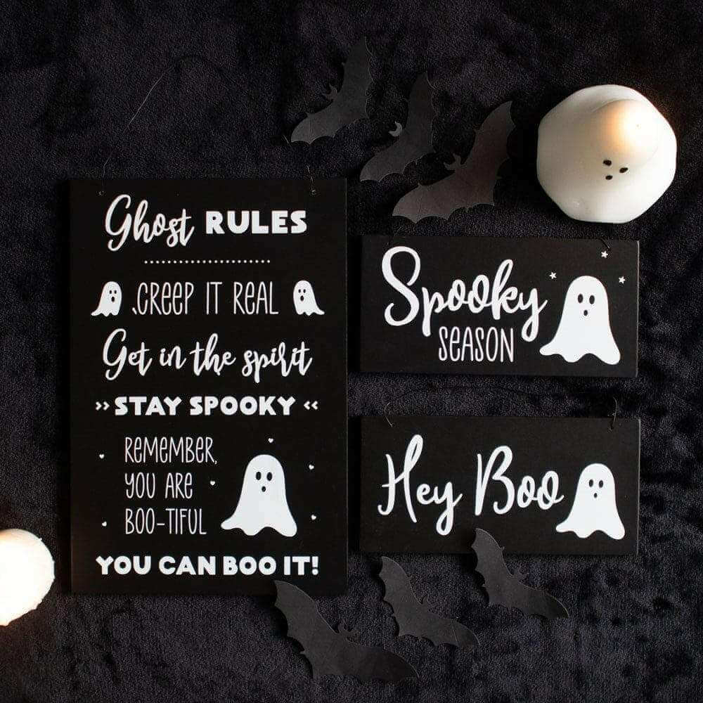 Hey Boo Spooky Ghost Halloween Hanging Signs Set of 2 Halloween Sign Spirit of equinox Quirky Turkey Gifts
