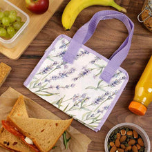 Lavender floral insulated lunch bag with shoulder handles, front view with zipper