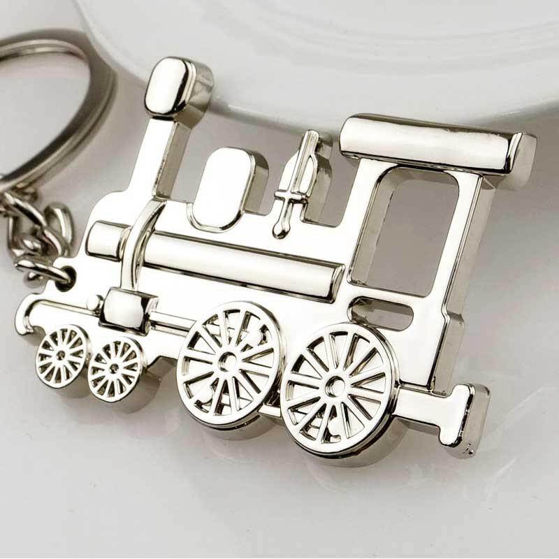 Silver train locomotive keyring with detailed wheels and connecting chain, metal charm