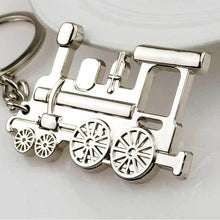Silver train locomotive keyring with detailed wheels and connecting chain, metal charm