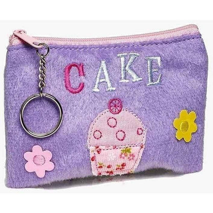 Purple plush zipper coin purse with keychain ring, “CAKE” text, cupcake patch and flower