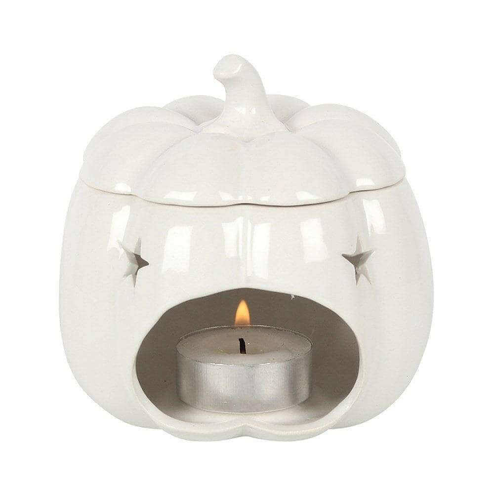 White ceramic pumpkin wax melt burner with open bowl and star accents on sides