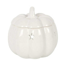 White ceramic pumpkin wax melt burner with hinged lid and star emblem on front